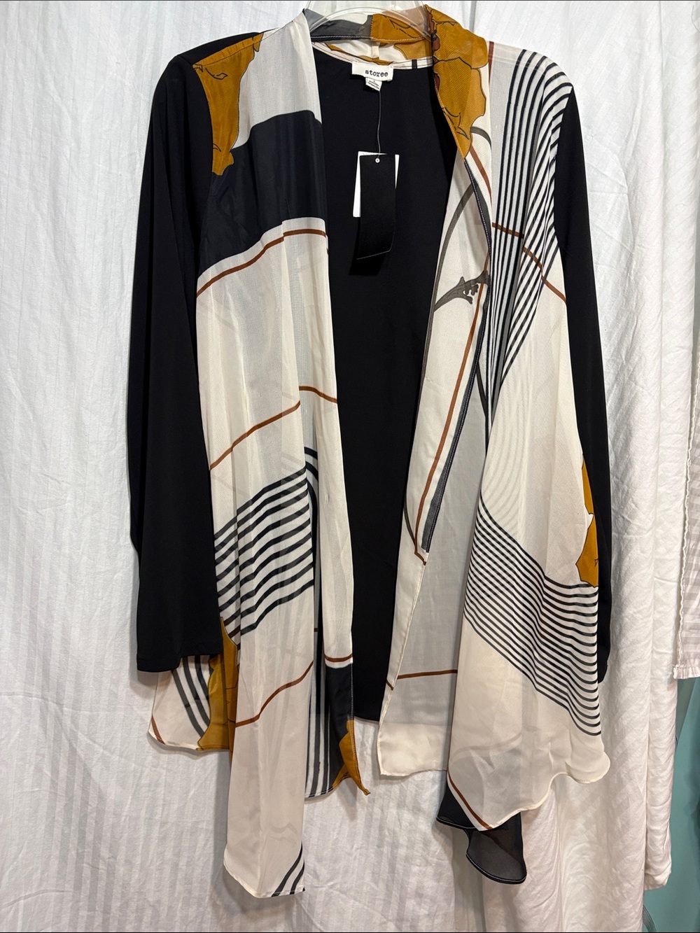 storee Printed Draped Cardigan in Black, Cream & Mustard